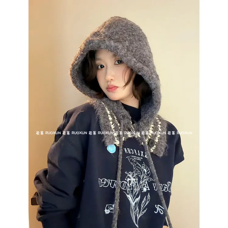 RuoXun条纹毛绒巴拉克拉法帽女冬季保暖加厚护耳连帽围脖一体帽子