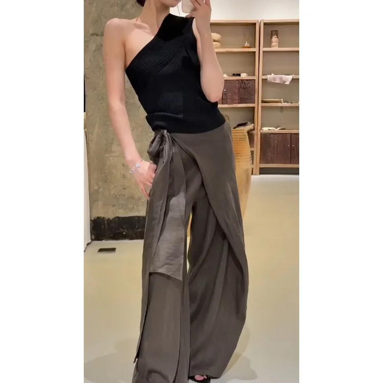 夏季新款设计感小众洋气时髦斜肩无袖上衣高腰绑带直筒裤阔腿裤女