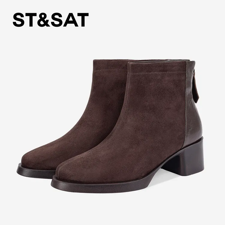 St&Sat/星期六英伦风时装靴复古圆头粗跟短靴秋冬百搭气质女靴