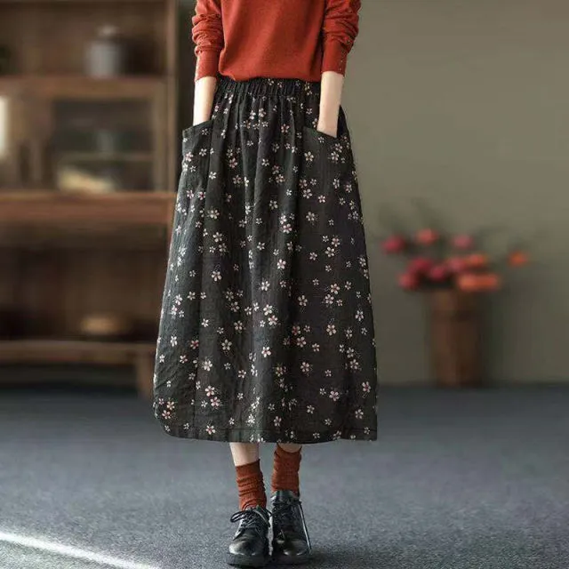 直筒口袋春夏款复古民族风碎花棉麻半身裙女文艺松紧腰中长款A字