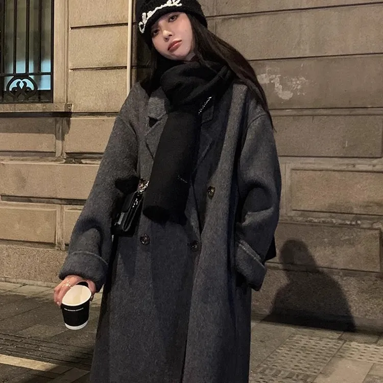 羽绒加厚内胆大衣女中长款2025秋高级感灰色双面绒小个子毛呢外套