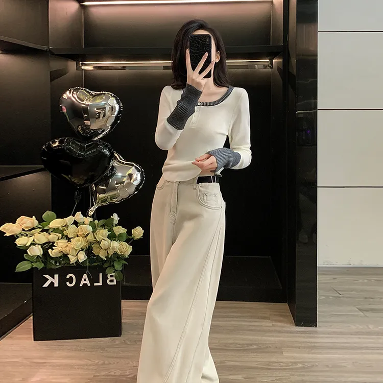 网红早秋设计感白色穿搭洋气长袖针织衫显瘦高腰阔腿裤时尚两件套