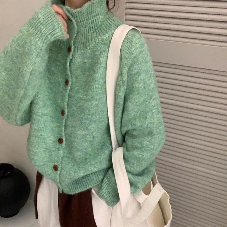 韩系设计感立领软糯毛衣开衫女2025秋冬新款宽松落肩长袖针织外套