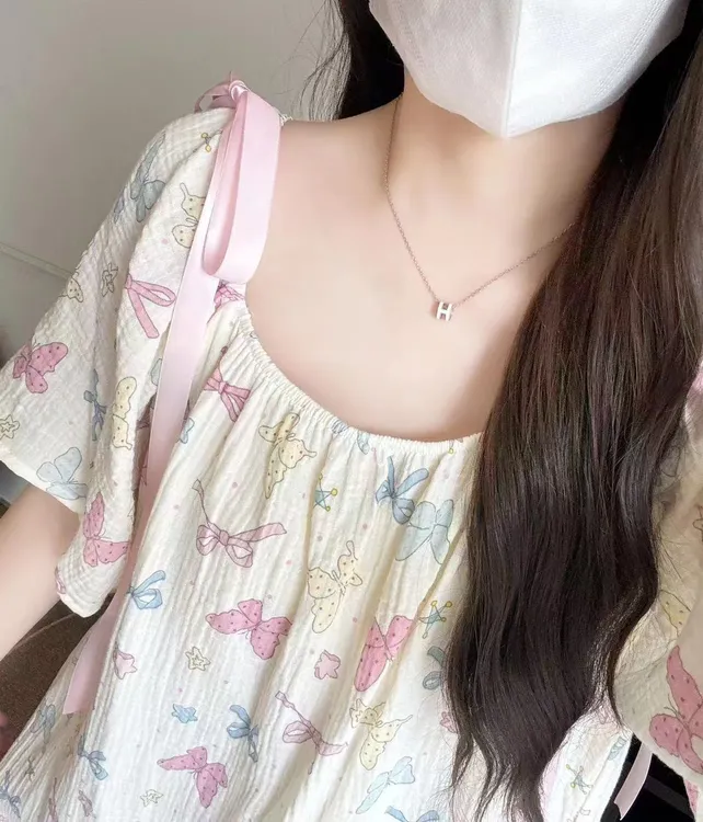 夏季新品（彩蝶）纯棉睡裙女a类双层棉纱可爱甜美蝴蝶结飘带过膝裙