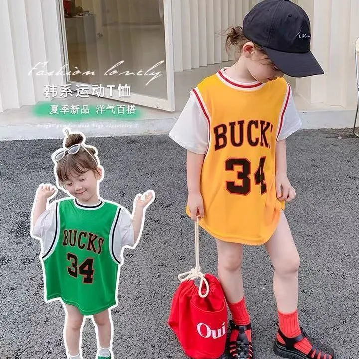 运动风~女童夏季连衣裙2025新款韩版儿童t恤裙宝宝假两件短袖裙子