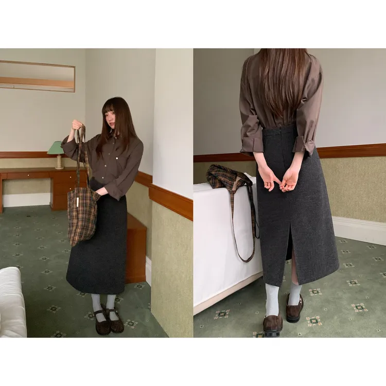 你好卡农 重工编织毛感开叉女秋冬韩系慵懒a字半身长裙KQ25Z8507D