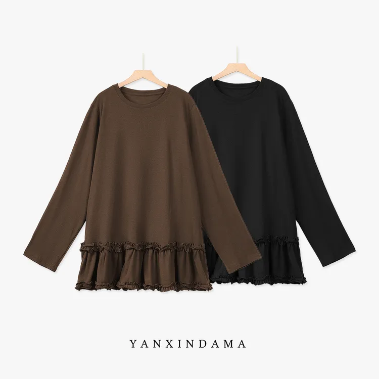 【岩心】大码女装210斤胖MM秋季休闲双木耳边竹节棉圆领打底衫9635