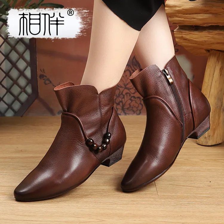 相伴手工真皮秋冬季短靴女串珠中跟复古短筒民族风女士靴子53265