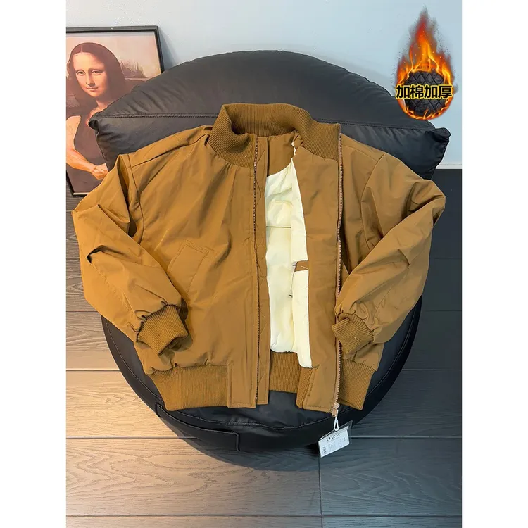 卡其色bomber廓形短款工装夹克男女秋冬cleanfit加厚外套宽松棉服