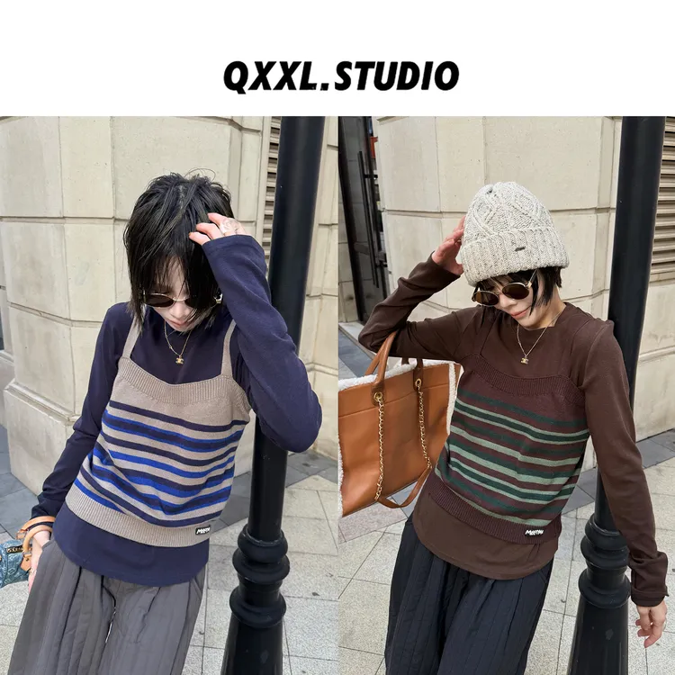 邱小小丽呀 冬季新款复古叠穿高级感真两件套磨毛T+针织吊带上衣