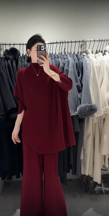 望野集WIdset慵懒毛衣秋冬高领蝙蝠袖针织+阔腿裤两件套女12131#