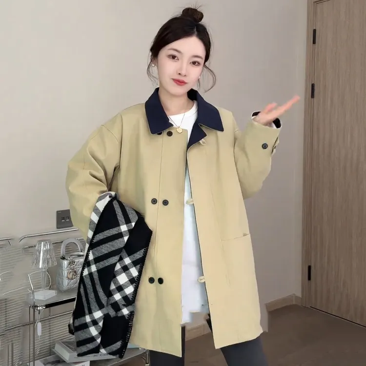 卡其色学院风拼接风衣2025春季新款韩系设计感宽松显瘦小个子外套