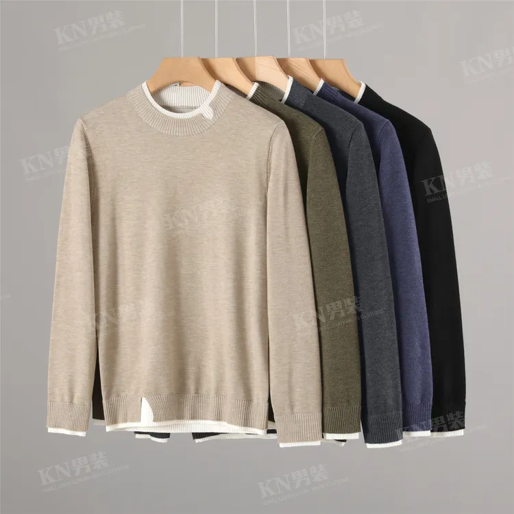 【断码五折】复古风拼接撞色不规则假两件针织衫男休闲时尚百搭长袖