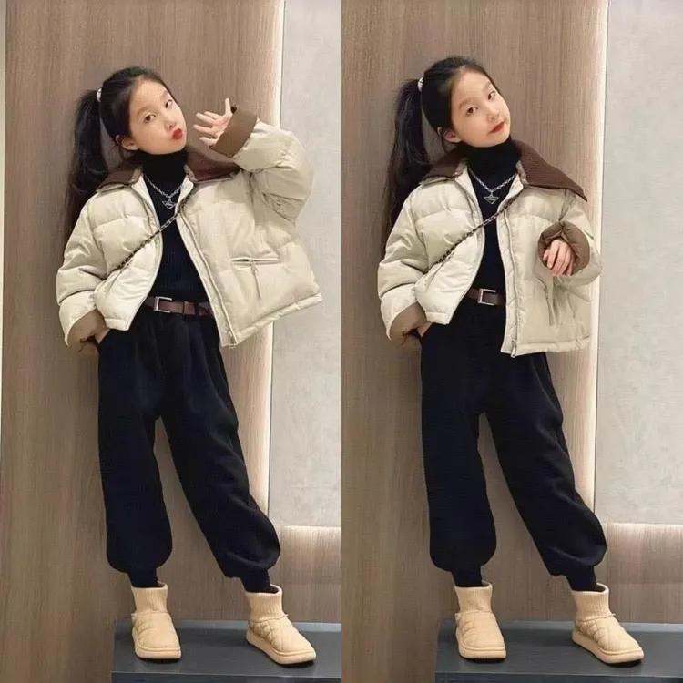 超好看的短款羽绒棉服女童冬季新款韩系设计感面包服翻领加棉外套