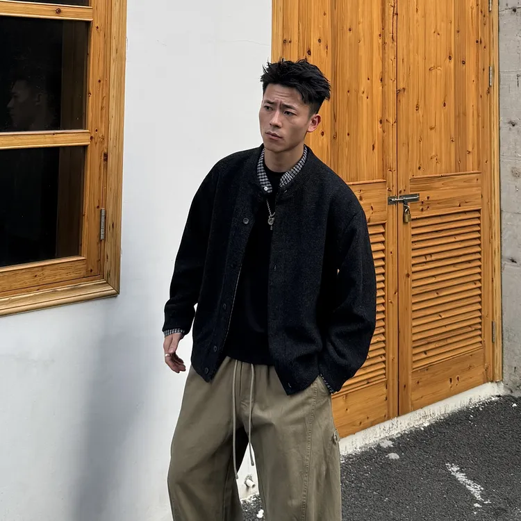 AAL秋冬季日系休闲圆领假两件拼接衬衫长袖毛衣情侣针织开衫外套