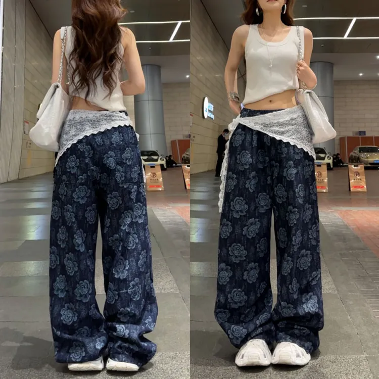 39111高品质山茶花直筒牛仔裤2025年春季新款拼蕾丝两件套牛仔裤