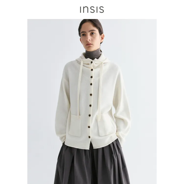 INSIS FEMME绵羊毛2025秋新款文艺简约堆堆领针织连帽宽松外套女
