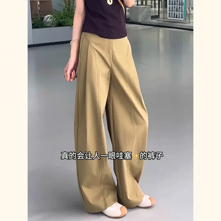 复古侧压褶阔腿裤女春秋2025新款卡其色高腰显瘦宽松休闲弯刀裤