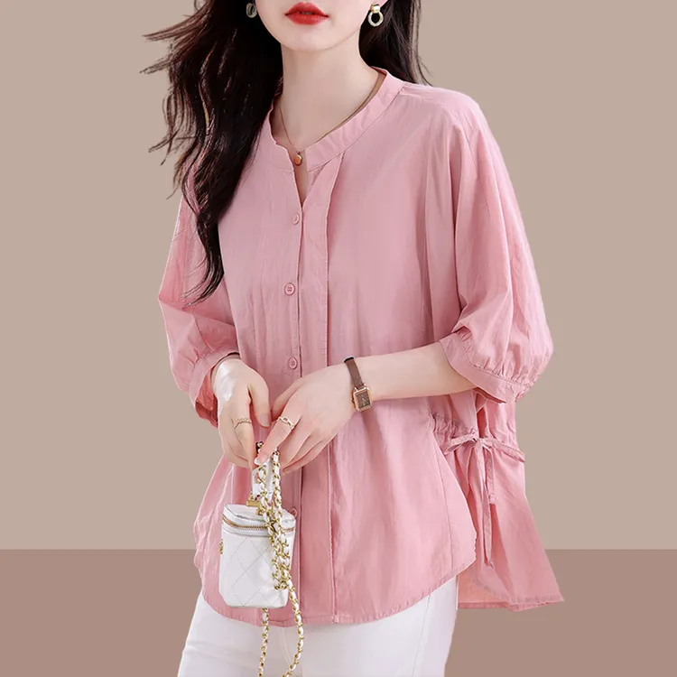 设计感小众显瘦上衣女新款洋气收腰薄款衬衫女开叉五分袖短袖衬衣