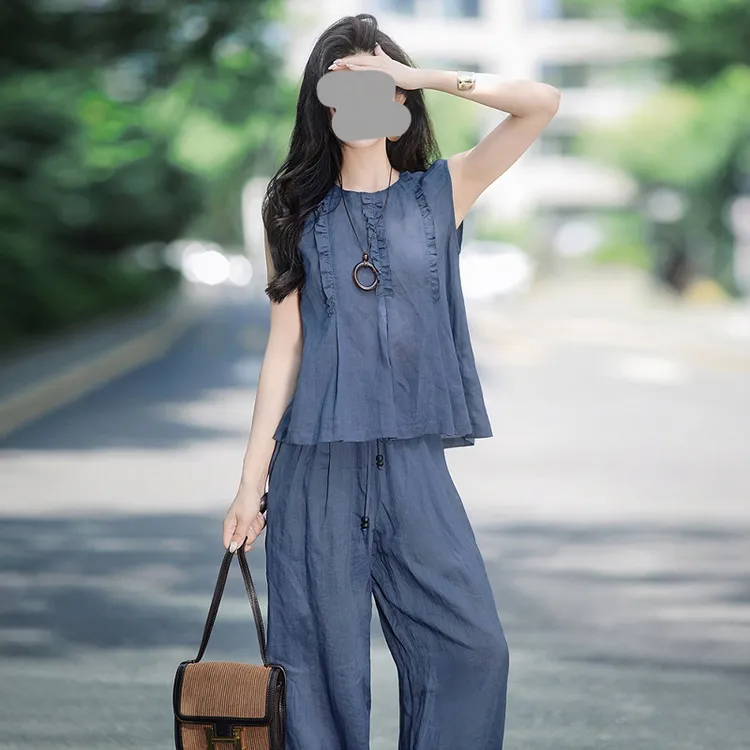 复古薄款休闲套装女夏季2025新款独特漂亮设计感背心阔腿裤两件套