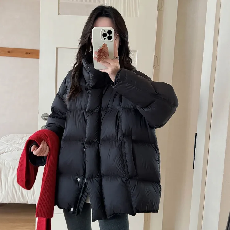 韩版立领云朵泡芙中长款女设计感加厚保暖90白鸭绒宽松外套羽绒服