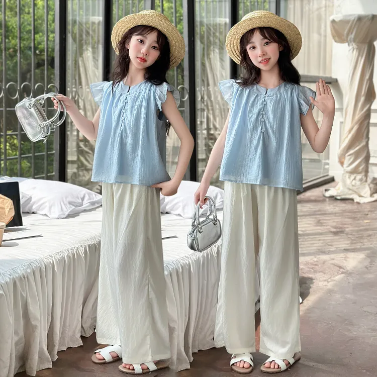 女童夏季套装2025新款女中大童短袖上衣女孩直筒裤阔腿韩版两件套
