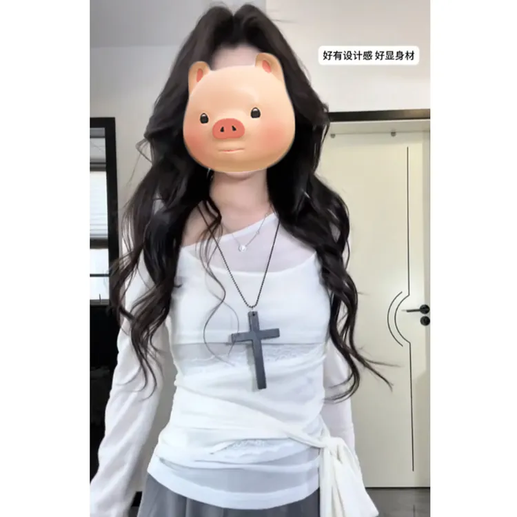 巨好看的白色假两件收腰绑带长袖T恤女独特漂亮早秋chic别致上衣