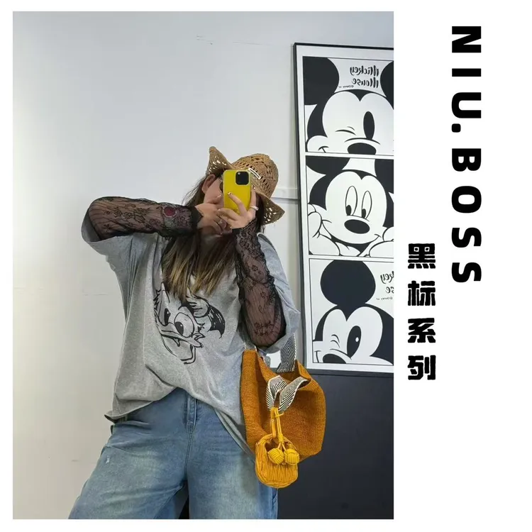 Three Ten.N大码260斤“唐老鸭”卡通休闲拼接蕾丝假两件T恤