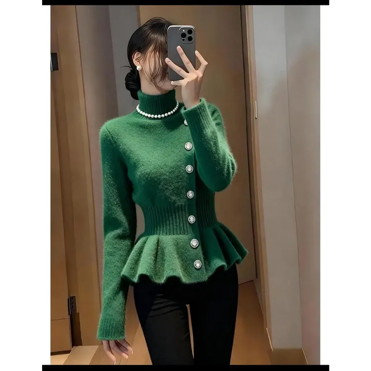 Y07高级感超好看绿色毛衣女款新款冬季奶呼呼软糯设计感针织上衣