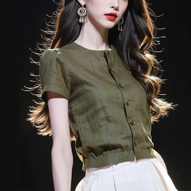 法式优雅淑女风绿色圆领短袖衬衫女夏季款独特简约百搭冷淡系上衣