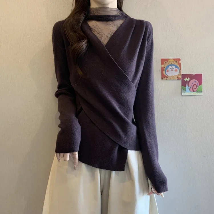大码女装韩系V领蕾丝拼接针织衫秋冬修身内搭打底衫绝美百搭上衣