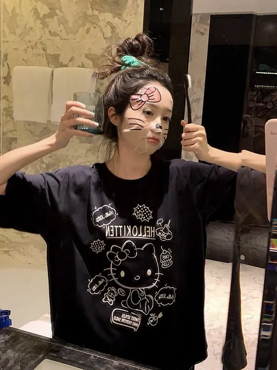 【涂鸦kt】字母卡通猫格子睡衣女夏季舒适短袖短裤可外穿家居服套装