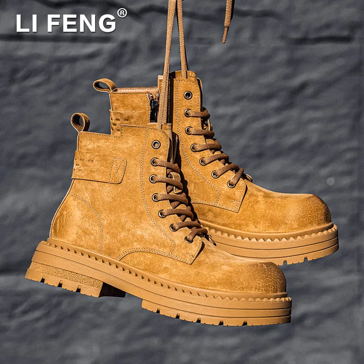 马丁靴男女同款真皮高帮靴复古休闲机车工装靴厚底增高登山大黄靴
