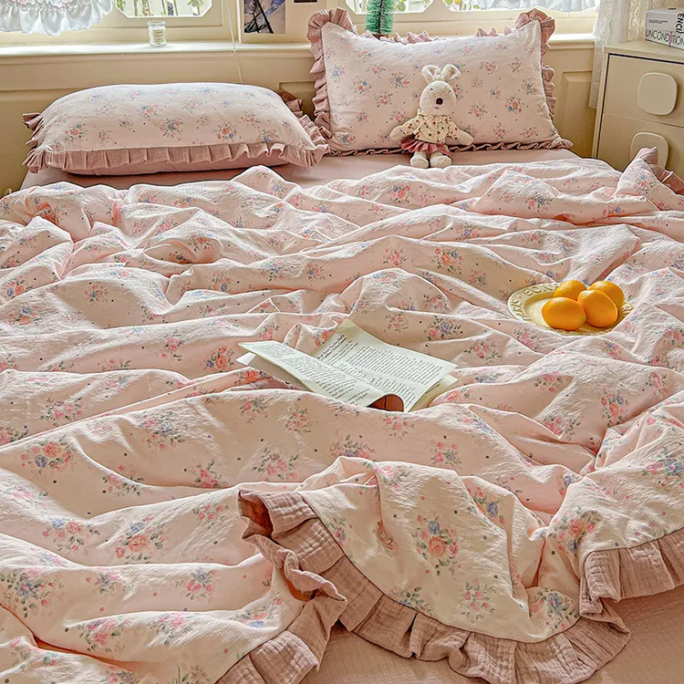 ins风云感双层纱花边夏凉被夏被四件套少女心单双人床单款可机洗
