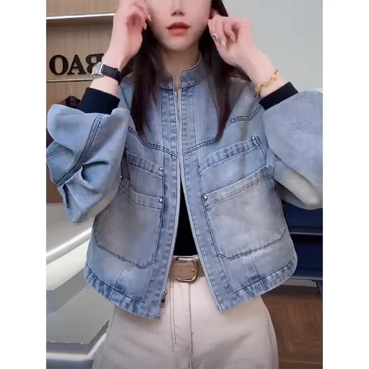 多口袋立领工装牛仔外套女春秋2025年新款美式设计感拉链休闲夹克