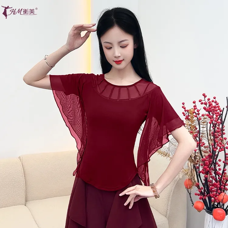 现代舞上衣女新款圆领网纱拼接古典舞日常练功服时尚飘飘袖舞服装