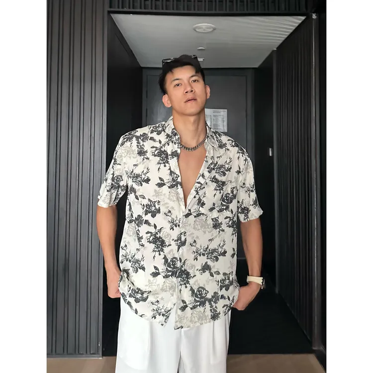 男款百搭夏季轻薄透气衬衫男款夏威夷度假宽松休闲痞帅垂坠男装