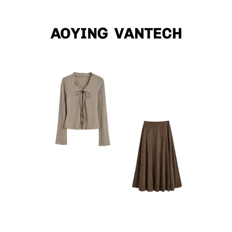 AOYING VANTECH【海岸余晖】V领系带显瘦针织衫+复古麂皮绒半裙套装