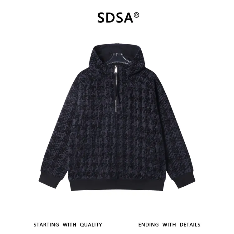 SDSA男士秋冬新款痞帅男装时尚简约撞色绒毛半拉链连帽卫衣宽松潮