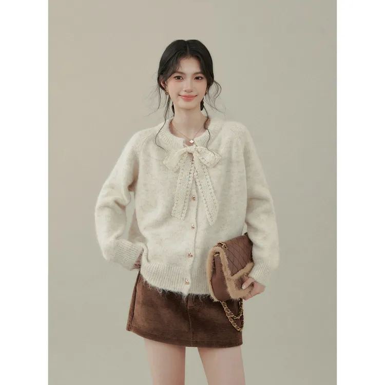 【大码】 1401蕾丝系带毛衣开衫女秋冬季慵懒风软糯针织外套