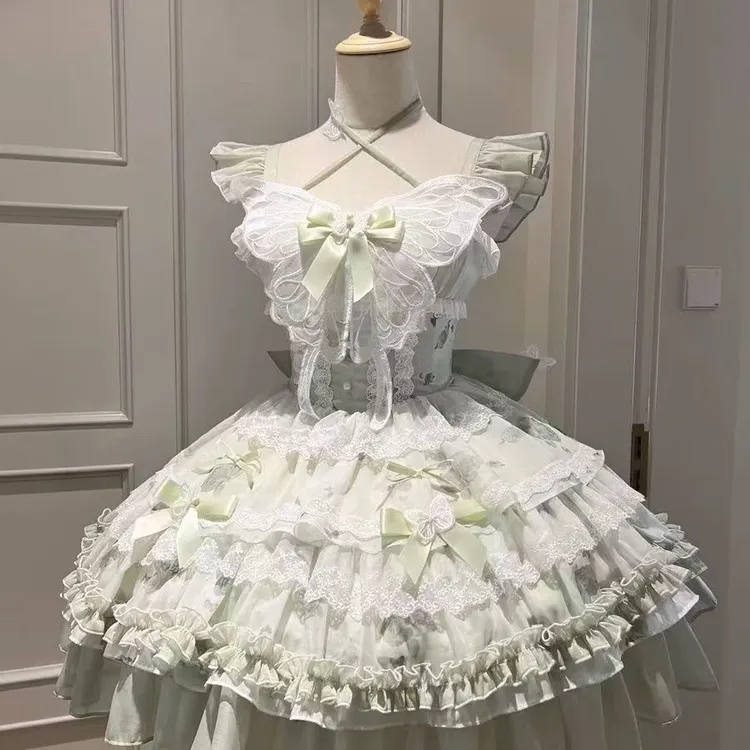 花期之约时尚公主风白绿蝴蝶结Lolita夏日清新生日短裙