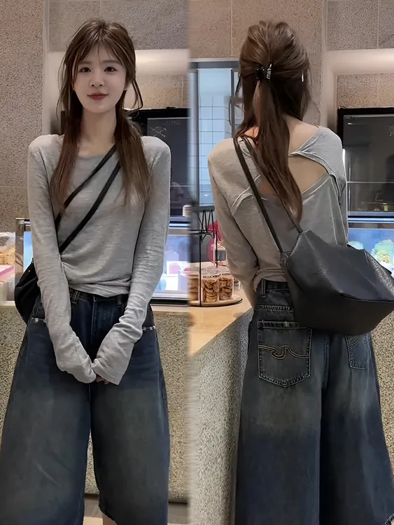 灰色设计感后背镂空长袖防晒t恤女早秋2025新款薄款休闲百搭上衣
