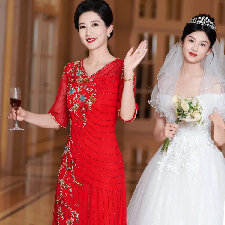 5986年轻喜婆婆妈妈婚宴重工演出结婚回门敬酒红色礼服裙独特绝美