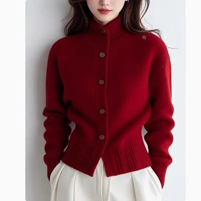 时尚洋气绝美红色高领长袖毛衣针织开衫女士秋冬新款宽松好看小衫
