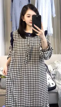1号链接长袖黑白格睡裙