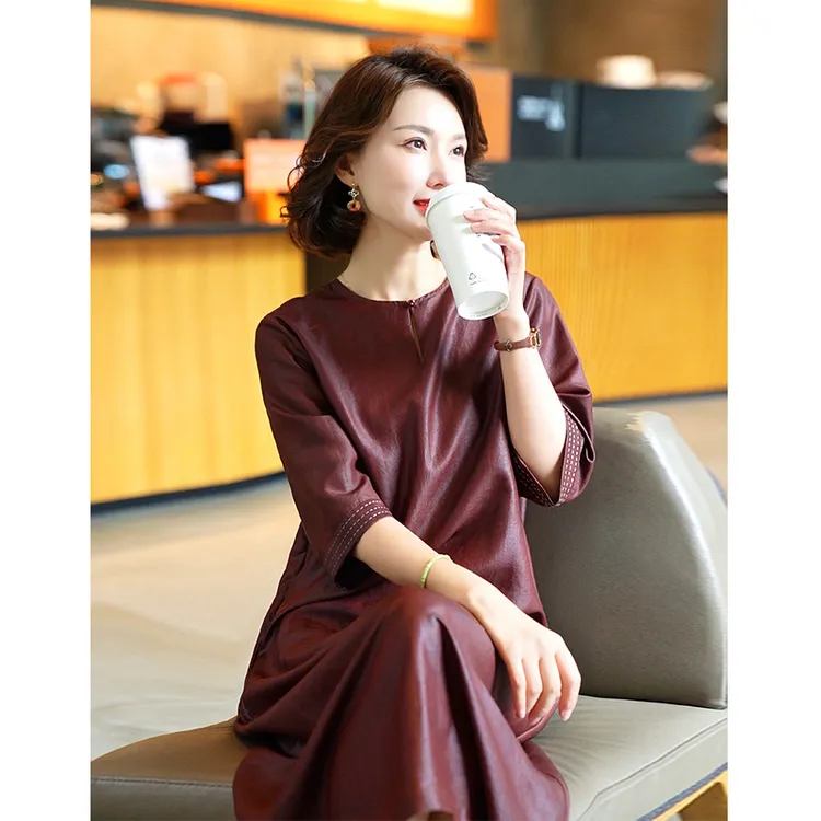 2024年新款香云纱夏季杭州真丝连衣裙桑蚕丝红云纱中年妈妈裙子女