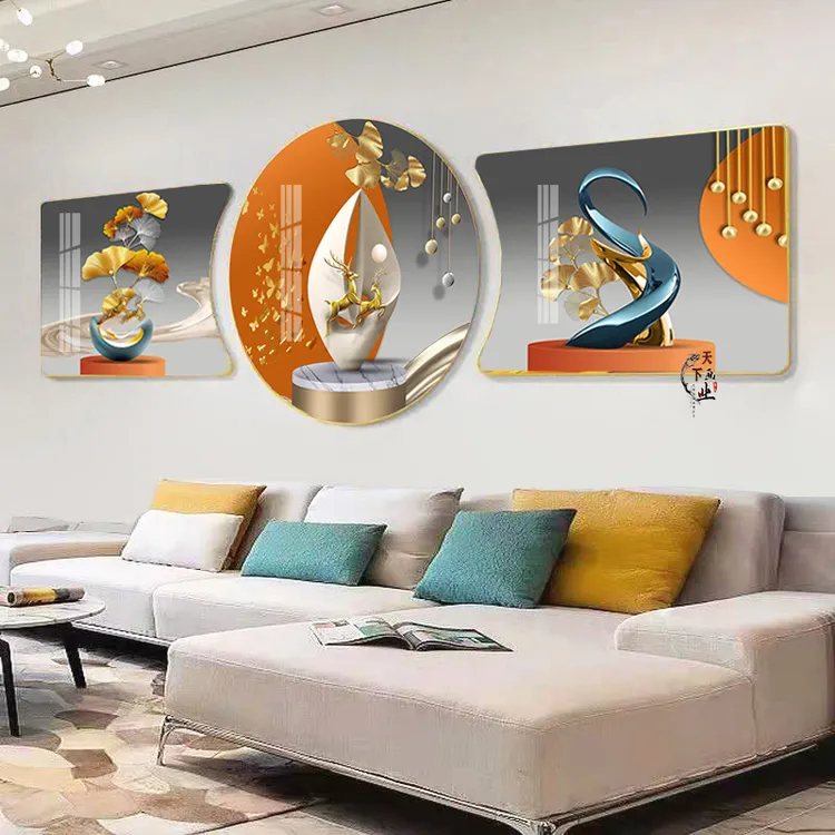 轻奢大气客厅装饰画现代简约沙发背景墙三联壁画珠联璧合晶瓷挂画
