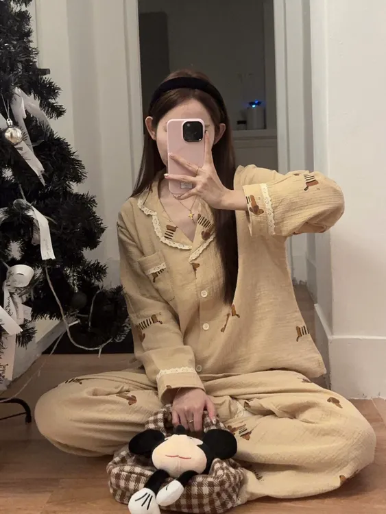 卡通腊肠狗纯棉情侣睡衣女款春秋季长袖全棉纱布家居服套装可外穿