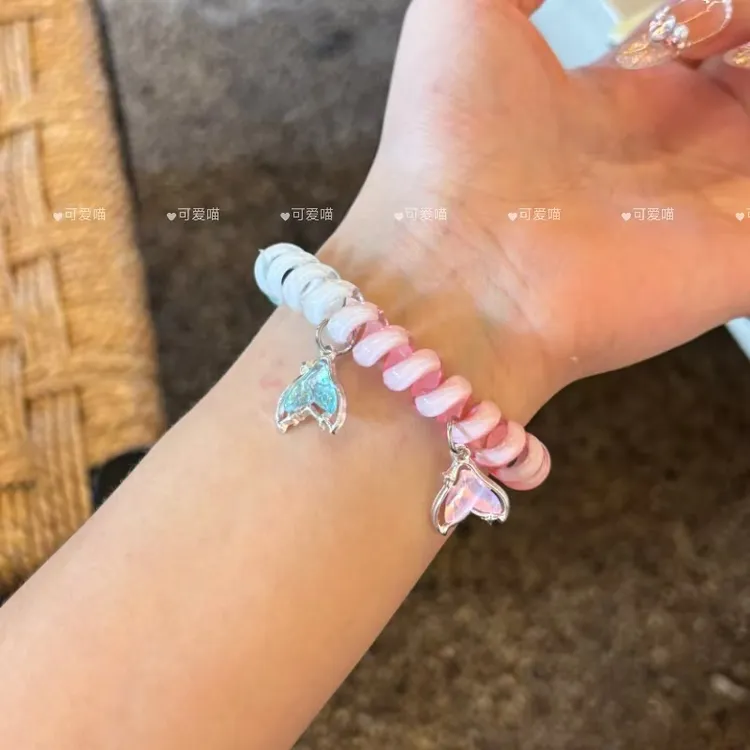 渐变彩虹电话线人鱼物语多彩渐变蓝粉发圈小众可爱两用发圈