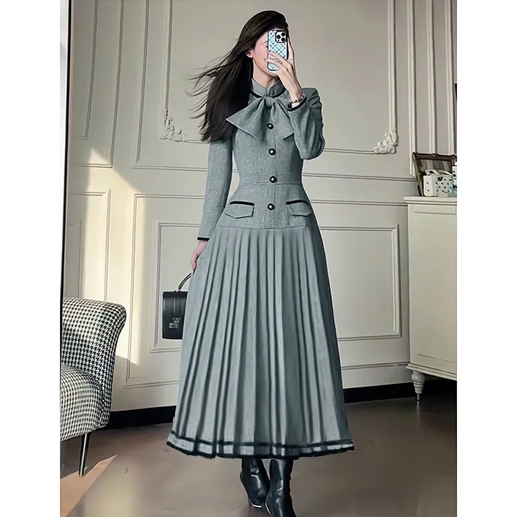 【有里布】气质高级感轻奢拼接蝴蝶结收腰连衣裙HY0163